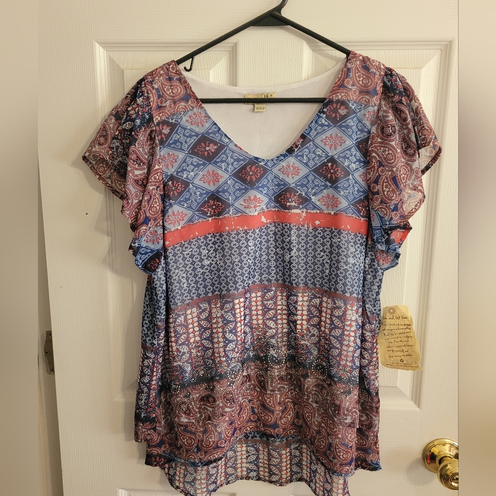 One World Red and Blue Pattern Blouse Top